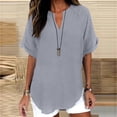thumbnail image 4 of Womens Cotton Linen Tops Short Sleeve V Neck Blouse Fashion Casual Loose Fit Lightweight Breathable Summer Daily Wear by Yigetop Grey XL, 4 of 6