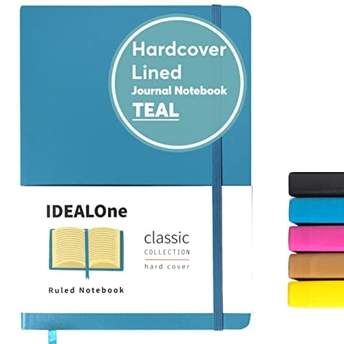 Título prod: IDEALOne Cuad. tapa dura rayas - Trabajo, hogar, escuela, 5.7 x 8, 160 pág, 100GSM, cierre banda elástica, marcador cinta, azul verdoso