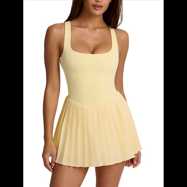 Vestido Deportivo Plisado Fluido de Tenis para Mujer, Minivestido de Golf de Verano Sin Mangas y Sin Espalda. Amarillo Cálido S