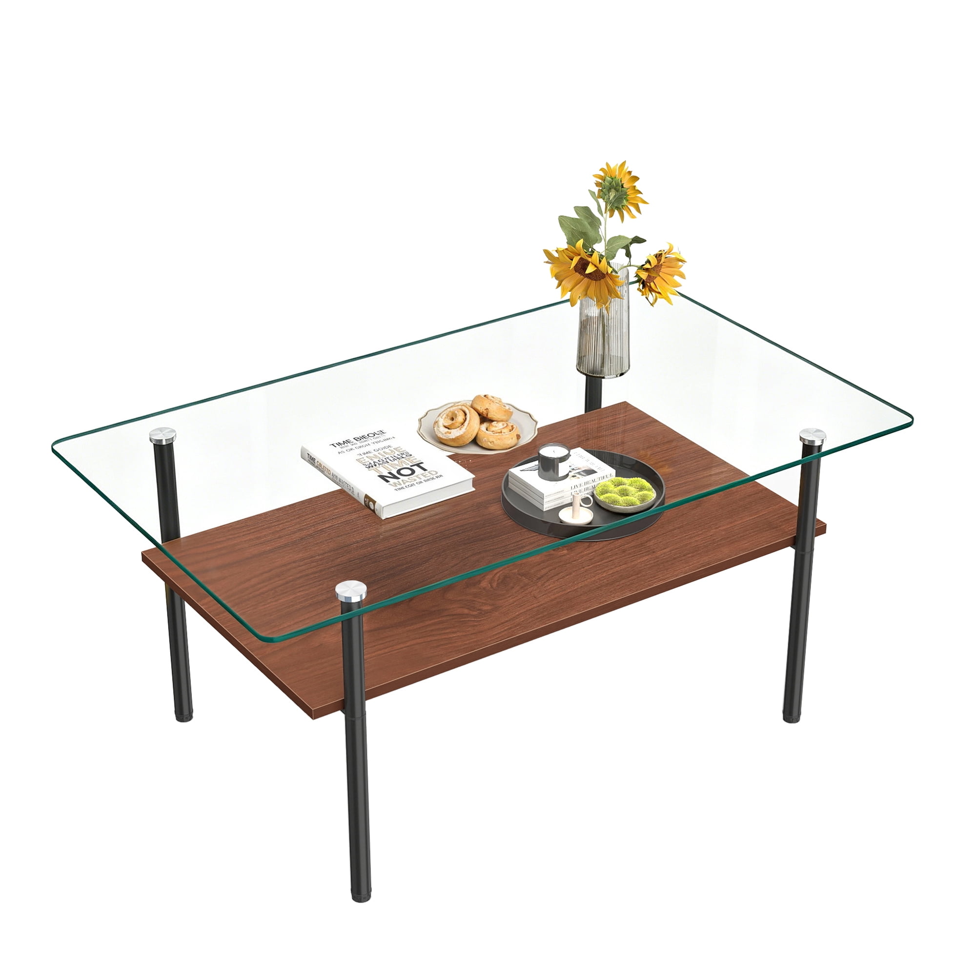 Modern Rectangular Glass Coffee Table with Tempered Glass Top and Wood Shelf, 38.6-Inch Center Table for Living Room, Transparent