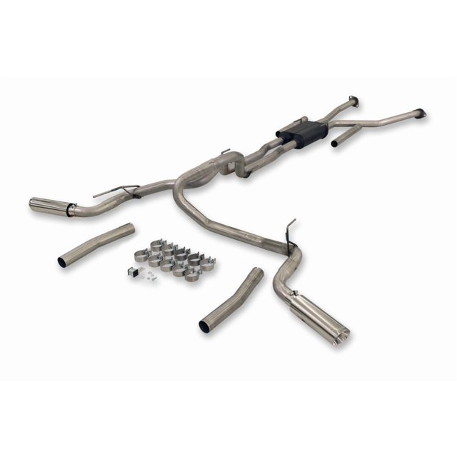 Flowmaster Exhaust System Kit 818140 American Thunder Cat Back System; 409 Stainless Steel; With Mufflers; 3 To 2-1/2 Inch Pipe Diameter; Dual Exhaust With Dual Exit; Dual Out Rear Side Exit