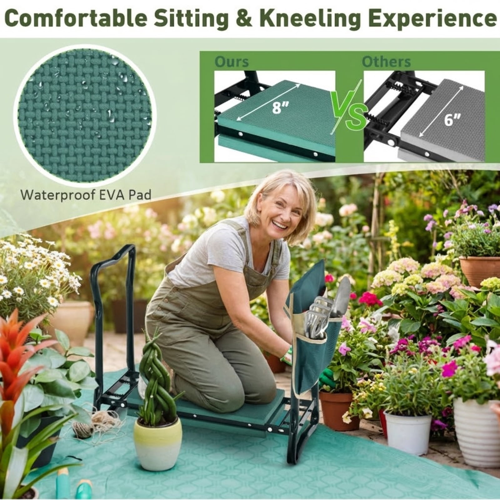 Biotree Folding Garden Kneeler Seat with Cushion Pad and Tool Pouch 300 lbs Capacity Sturdy Steel Frame Green - Compact Outdoor Gardening Bench for Adults