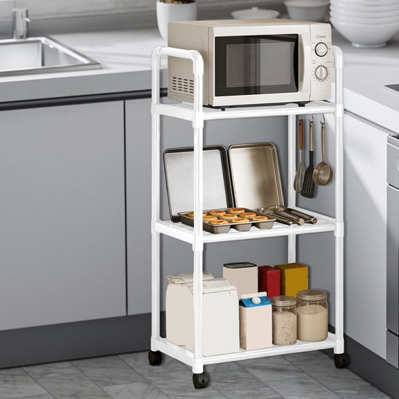 Three layer movable kitchen storage rack, household multi-layer storage rack, microwave oven seasoning storage rack with wheels, floor standing miscellaneous sorting rack
