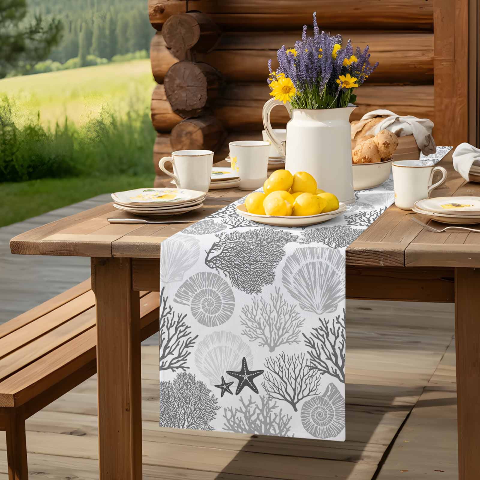 Classic Sea Grey Coral Table Runner 90 Inches Long, Abstract Marine Life Scenery Table Runners Tabletop Scarf Kitchen Dining Tables Decoration for Home Party Indoor Outdoor
