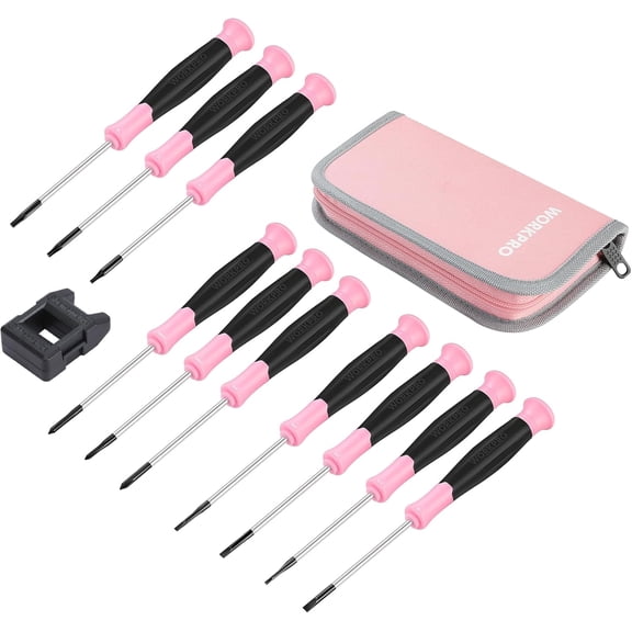 WORKPRO 10-Piece Precision Screwdriver Set with Pink Pouch, Phillips, Slotted, Torx Star, Magnetic Tip Small Screwdriver Repair Kit, for Eyeglass, Watch, Computer, Laptop and Phone - Pink Ribbon