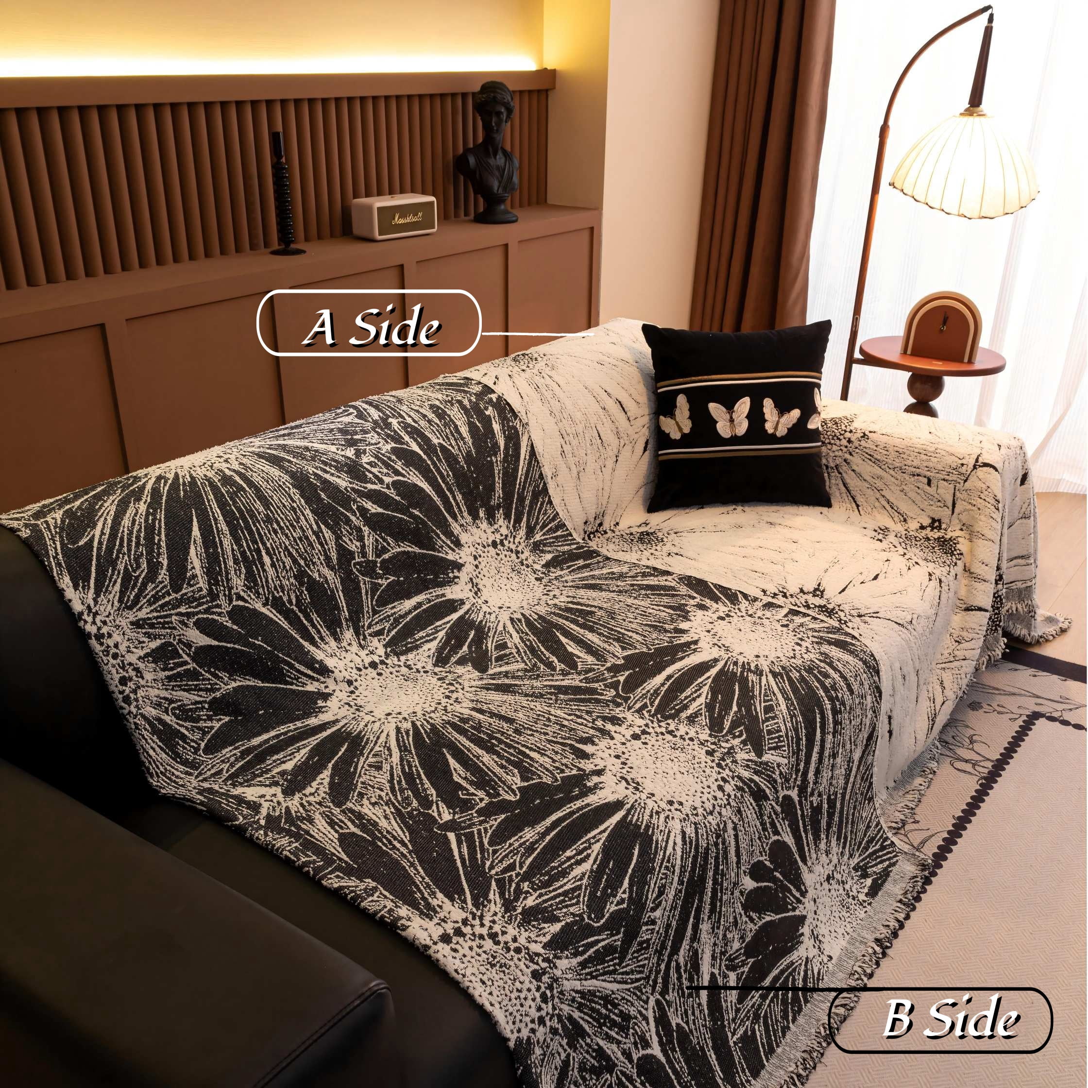 NAYOROOM Artistic Black White Sunflower Couch Cover, Chenille Sofa Cover Slipcover Sofa Towel Furniture Cover（71"x 134"）