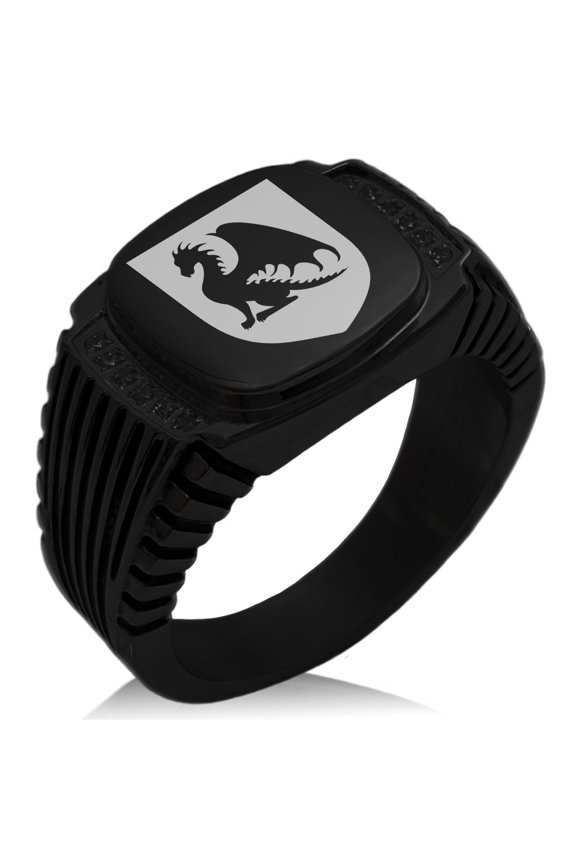 Stainless Steel Dragon Guardian Coat of Arms Shield CZ Ribbed Needle Stripe Pattern Biker Style Polished Ring