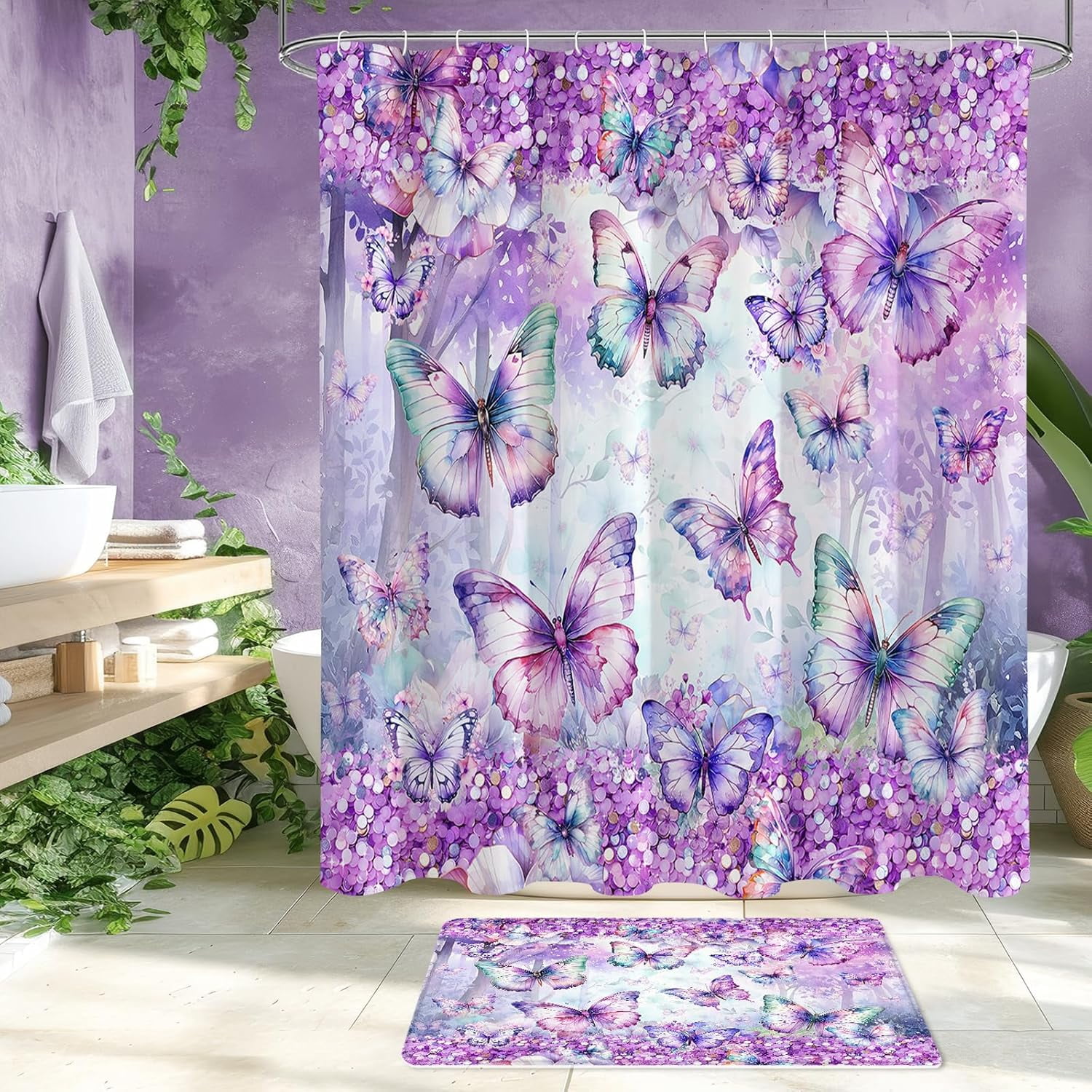 4 Pcs Blue Floral Butterfly Shower Curtain Set with Non-Slip Rugs, Modern Toilet Lid Cover and Bath Mat, Sparkling Bathroom Decor Set with Shower Curtain and Rugs