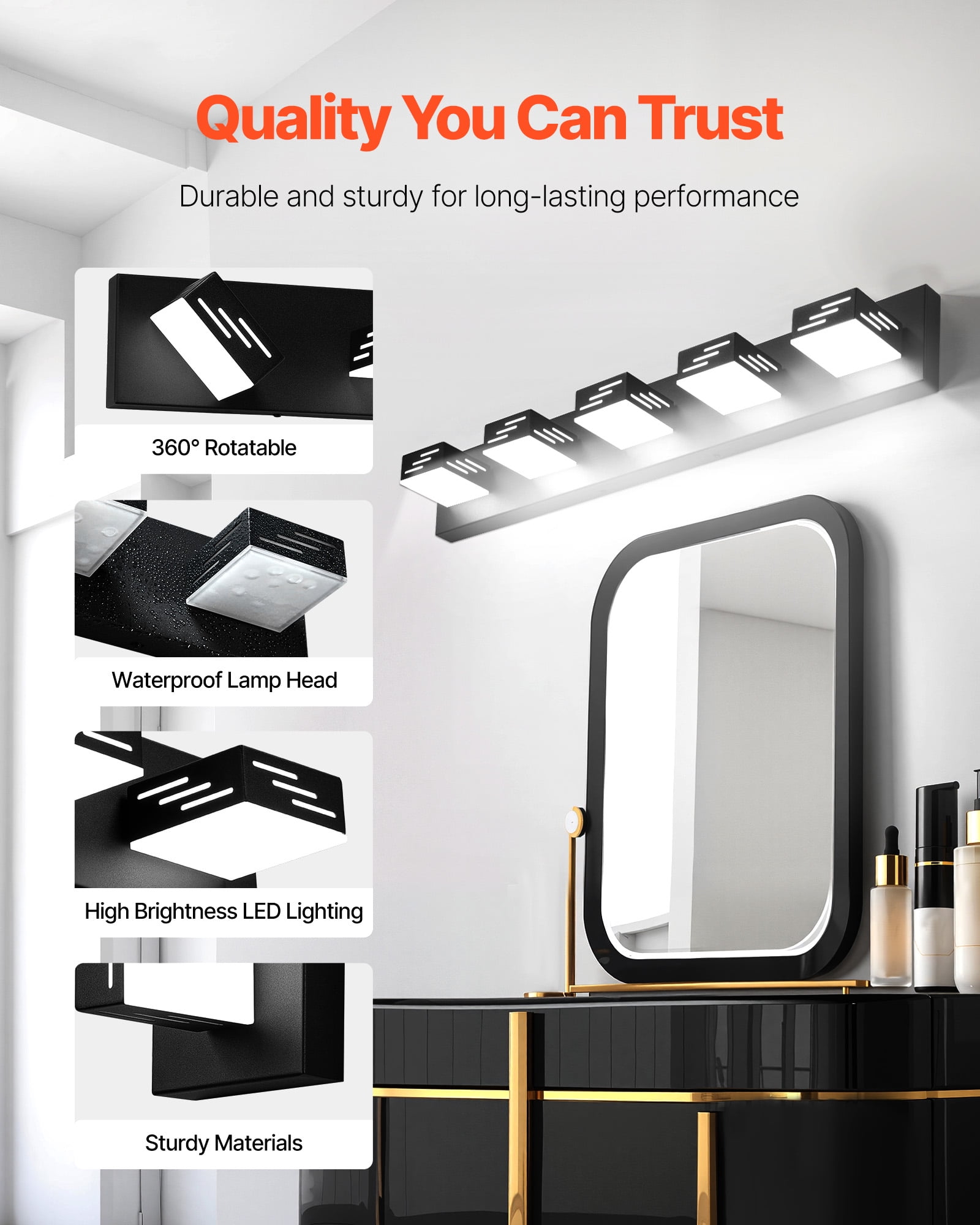 VEVOR 5-Light LED Modern Vanity Light Fixtures,33.46-Inch,Black Finish Bathroom Wall Lighting Fixture Over Mirror, with IP44 Waterproof, for Bathroom, Living Room, Bedroom, Hallway, Cool White 6000K