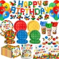 thumbnail image 1 of Set de vajilla para fiesta de cumpleaños con bloques de construcción Kinovo de 197 piezas, 1 of 7