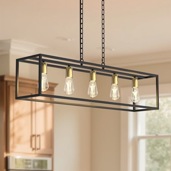 YANSUN 5-Light Matte Black and Gold Farmhouse Rectangular Chandelier for Kitchen Island, Dining Room, Living Room, Foyer
