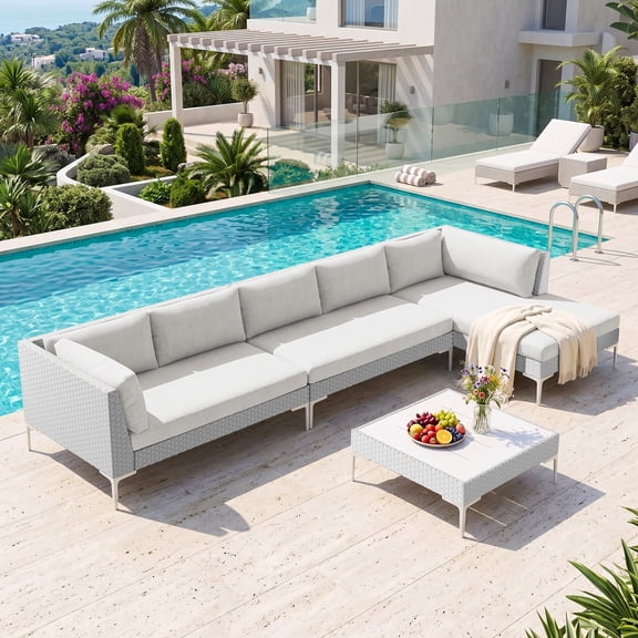 CDCASA Luxury Modular Patio Furniture Set with Coffee Table, All Weather Rattan Outdoor Sectional Sofa with Thick Comfort Cushions & Deep Seat, White