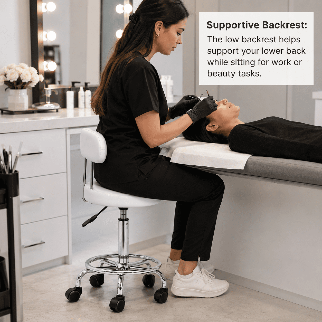 Alvantor Adjustable Height Salon Stool with Backrest and Rolling Wheels, White