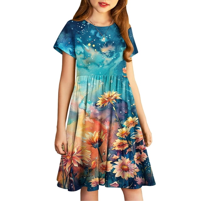 yoeyez Robe Fluide pour Filles Mode pour Enfants Robe Maxi Imprimée Manches Courtes Col Ras du Cou à Volants Plissée Robe Soleil Fluide Décontractée Midi Multicolore, 11-12 Ans