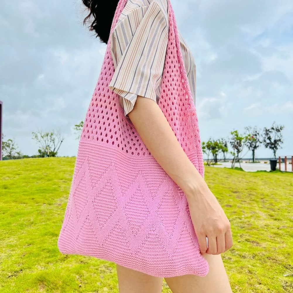 Kukuzhu Large Knit Tote Bag for Women Stylish Crochet Shoulder Bag Hobo Bag for School Travel