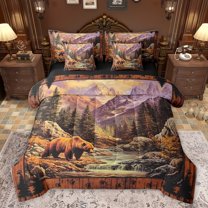 Castle Fairy Jungle Animal Bear Bedding Comforter Set 7 Pieces for Boys Girls,Moutain Jungle Full Bedding Set Lightweight,Abstract Vintage Retro Fitted Sheet Flat Sheet,Luxury Bedroom Decor
