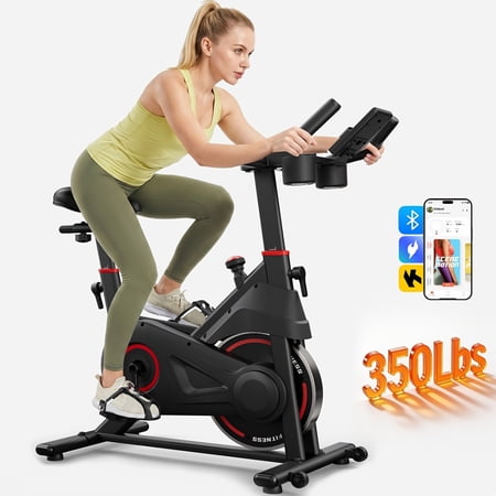 350 LBS Ultra Quiet Magnetic Stationary Bike, Bluetooth Infinite Resistance Indoor Cycling Bike with 6-Level Adjustable Seat, Compact Belt Drive Cardio Exercise Bike for Home Gym