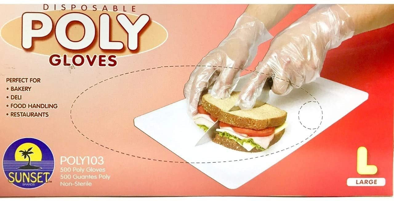 500 Large Size Disposable Poly Gloves, Powder Free, Smooth Touch, Food