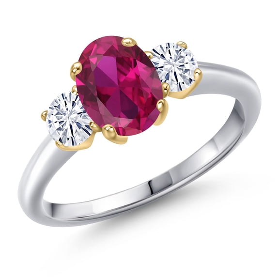 Gem Stone King 925 Silver and 10K Yellow Gold Red Created Ruby and White Moissanite Engagement Ring for Women | 1.81 Cttw | Oval 8X6MM | Gemstone July Birthstone | Size 6