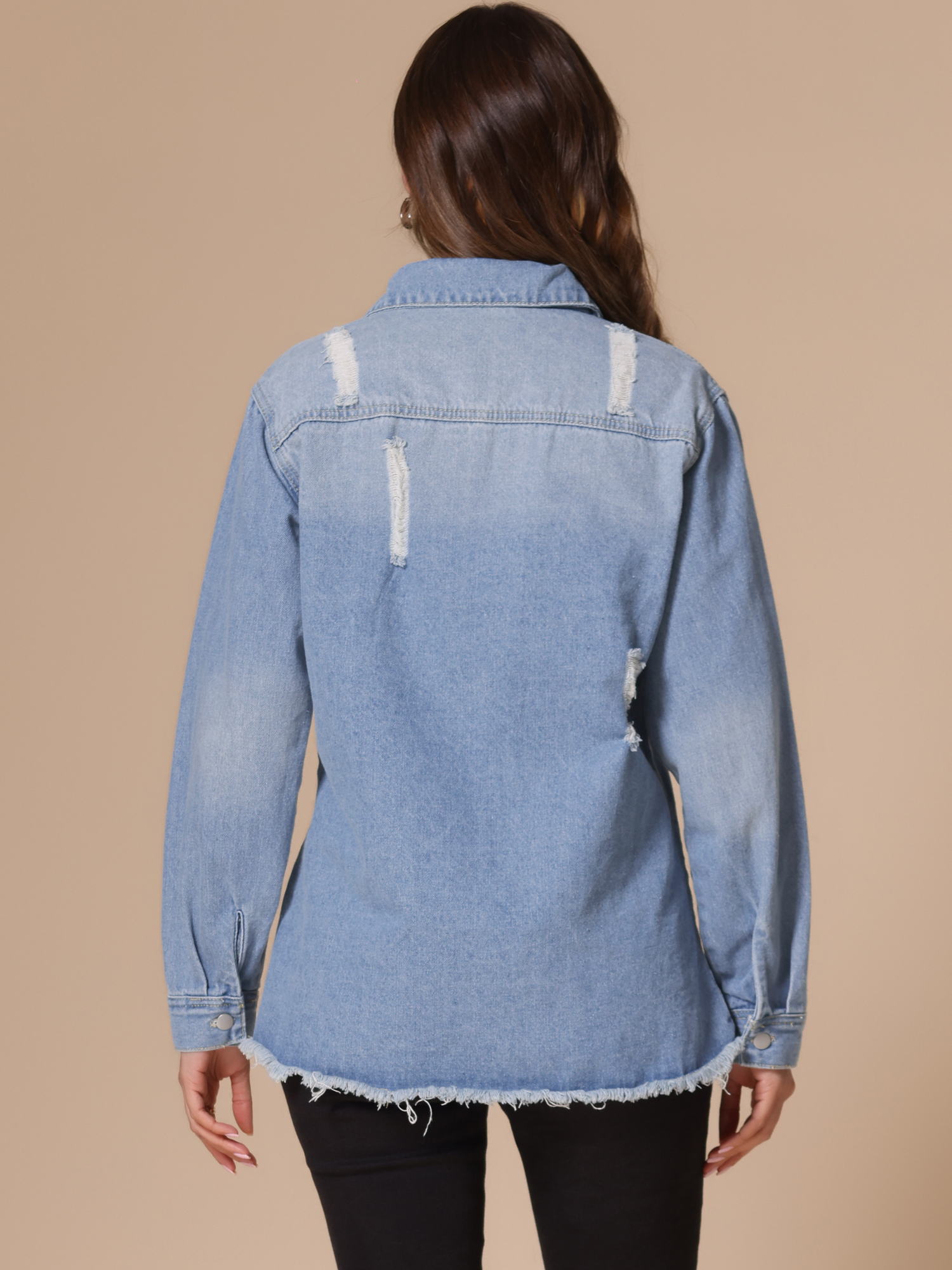 DARING DIVA Women's Frayed Hem Ripped Distressed Denim Jacket XS Light Blue