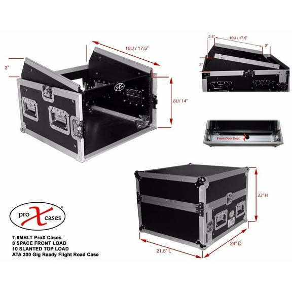 Prox8U Vertical Front Load Mixer Combo Amp Rack Case 10U Top Slant with Laptop Shelf