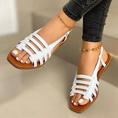 

KBODIU Summer Flat Sandals Women Mothers Day Gifts Beach Solid Breathable Summer Hollow Out Shoes White Size 39