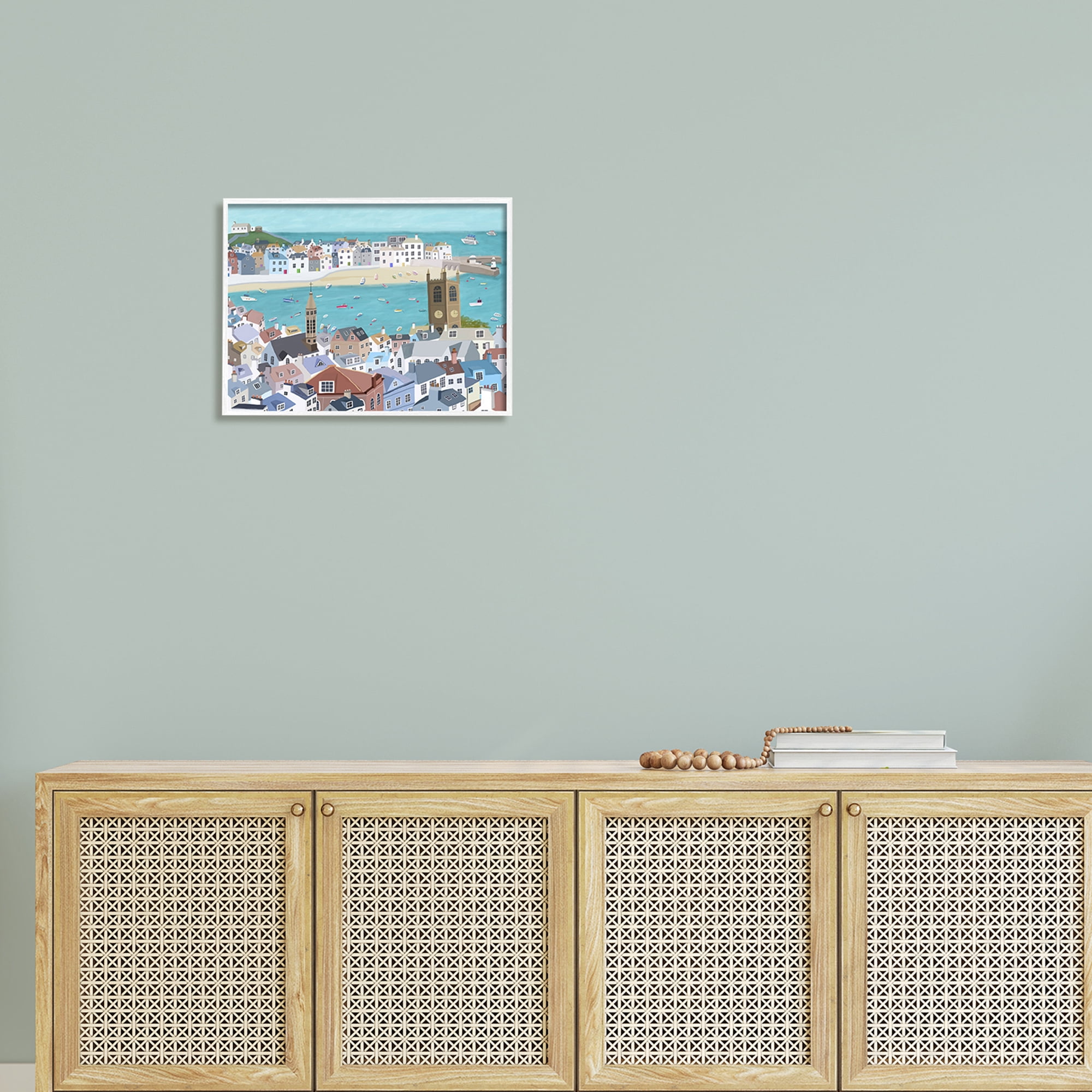 Stupell Industries Beach Town City Buildings Ocean View Illustration Graphic Art White Framed Art Print Wall Art, 20x16, by Carla Daly