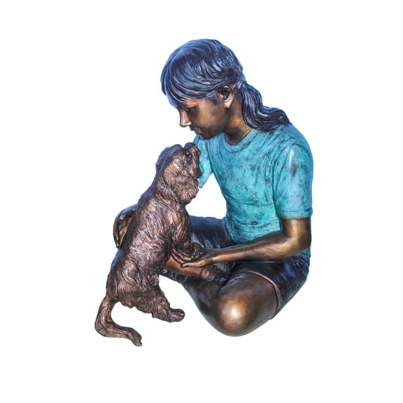 Nifao Young Girl Playing with Her Maltese Dog Bronze Statue – Home Decor Sculpture, 24"L x 19"W x 24"H