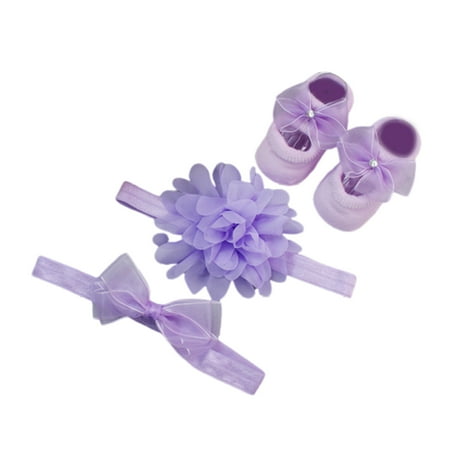 

kpoplk Kids Infant Boys Girls Socks Bowknot Hairband Infant Shoes 3pcs Set Girls Sock Packs(A)