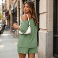 thumbnail image 5 of 2 Piece Sets for Women Summer Off the Shoulder T Shirt Casual Shorts Matching Comfy Lounge Sets Airport Travel Outfit,Light Green,XL, 5 of 8