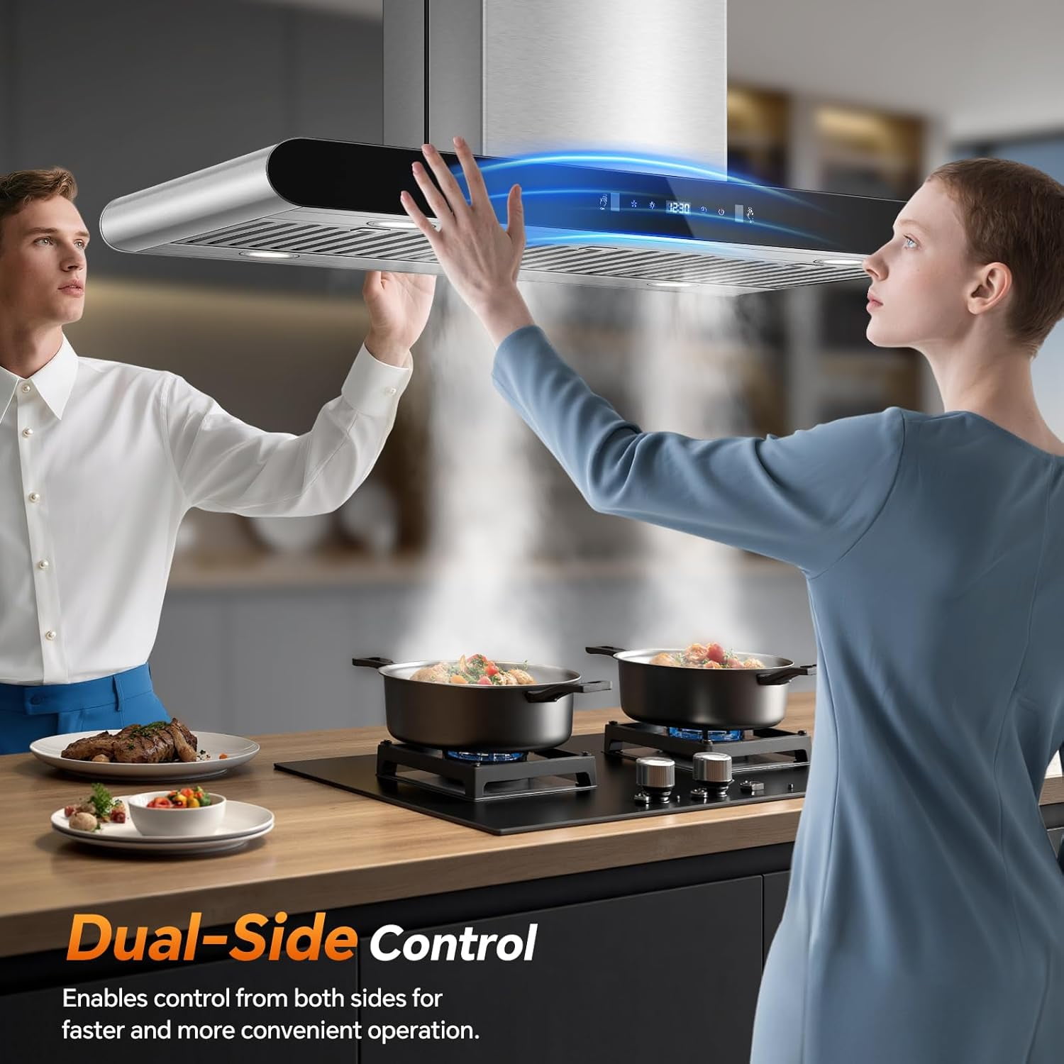 Island Range Hood 30 Inch 700 CFM kitchen Hood with Dual-Sided Touch Gesture Remote Control Ceiling Mount Convertible Ducted/Ductless 3-Speed Fan 3 Stainless Steel Baffle Filters