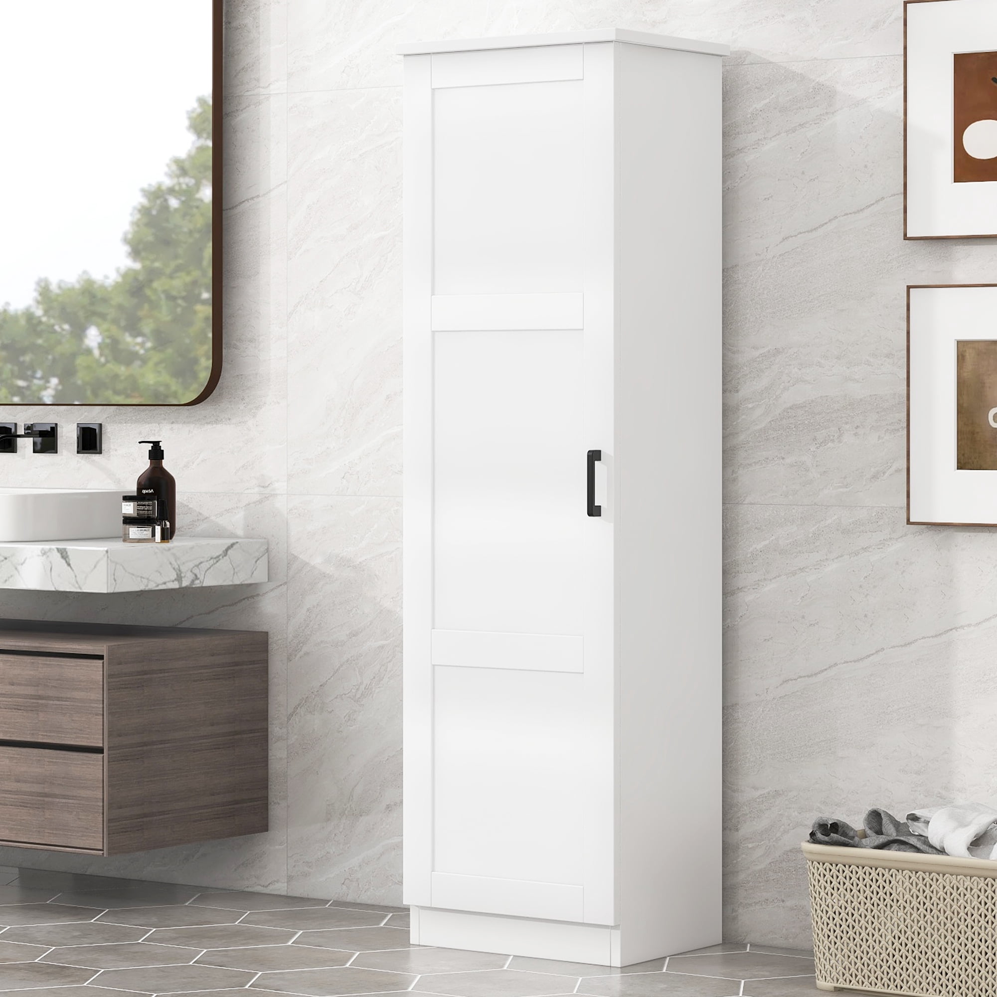 HOQBN Storage Cabinet with One Door & Adjustable Shelf,60" H Tall Bathroom Storage Cabinet for Bathroom,Office,White