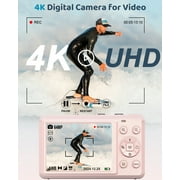 SEREE Digital Camera 4K 64MP 16X Zoom Autofocus Compact Youtube Camera with 32GB SD Card and 2 Batteries Pink