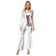 thumbnail image 5 of YiZYiF Womens 70s Disco Outfits One Shoulder Shiny Metallic Bell Bottom Dance Jumpsuit Clubwear Silver XXL, 5 of 6