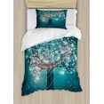 thumbnail image 1 of Firefly Duvet Cover Set Twin Size, Blooming Tree of Life with Believe in Miracles Message and Flowers Print, Decorative 2 Piece Bedding Set with 1 Pillow Sham, Petrol Blue Coconut, by Ambesonne, 1 of 3