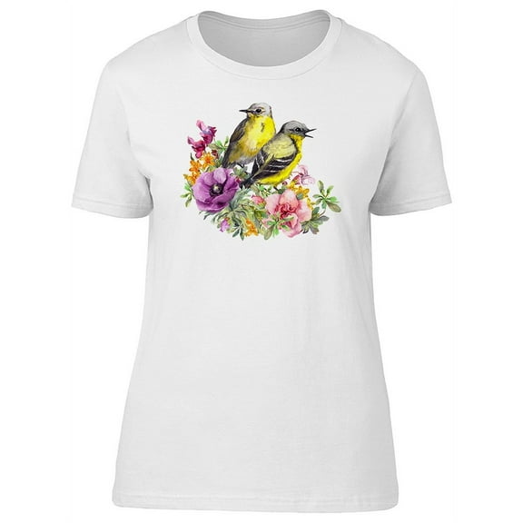 Cute Yellow Birds With Flowers T-Shirt Women -Image by Shutterstock, Female XX-Large