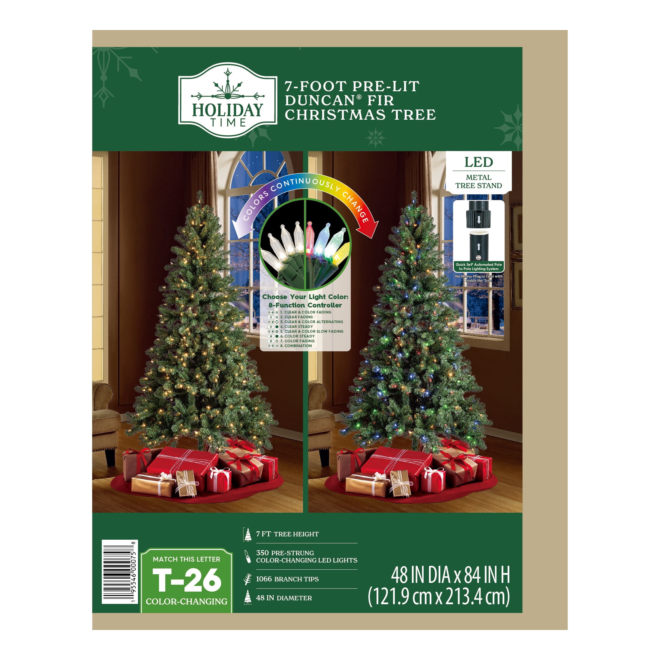 7' Pre-Lit Duncan Fir Green Artificial Christmas Tree with Color-Changing LED Lights and Quick Set, by Holiday Time