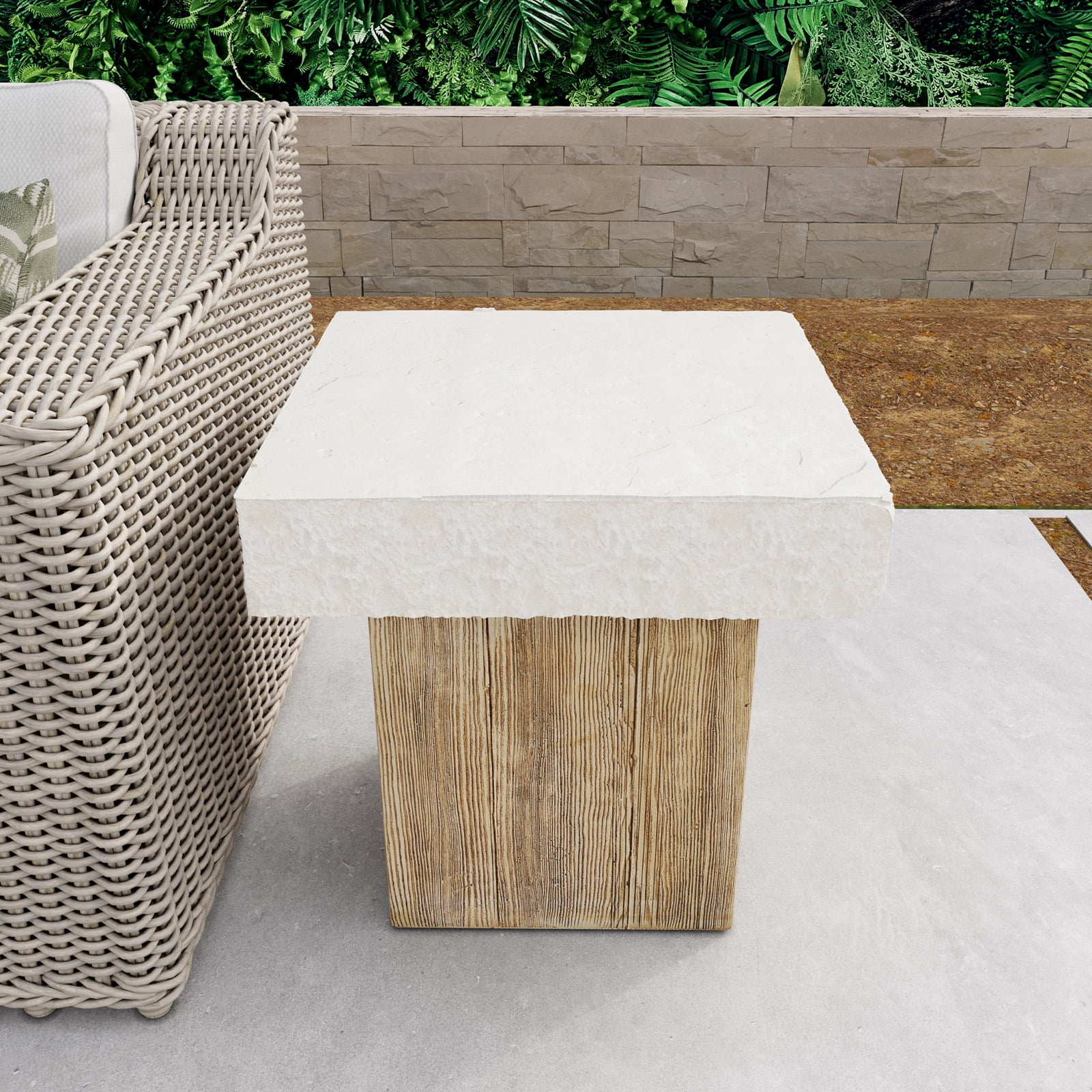 COSIEST Outdoor Medium Side Table, Patio Coffee Table, 19.7 inches Square MgO Table with Faux Wooden Pedestal Base, End Table for Patio, Garden, Backyard, Antique Beige