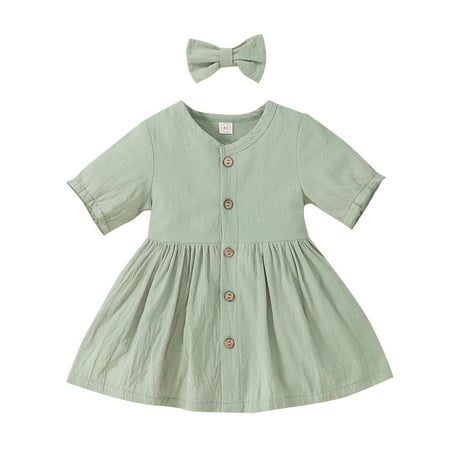 

Zlekejiko Toddler Baby Kids Girl Dresses Outfits Solid Color Short Sleeves Single Dress Headband 2Pcs Clothes Set