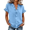 thumbnail image 2 of Gfyviroh Trendy Tops for Women Ruffle Trim V-Neck Casual Shirt Cotton Linen Short Sleeve Summer Blouse, 2 of 4