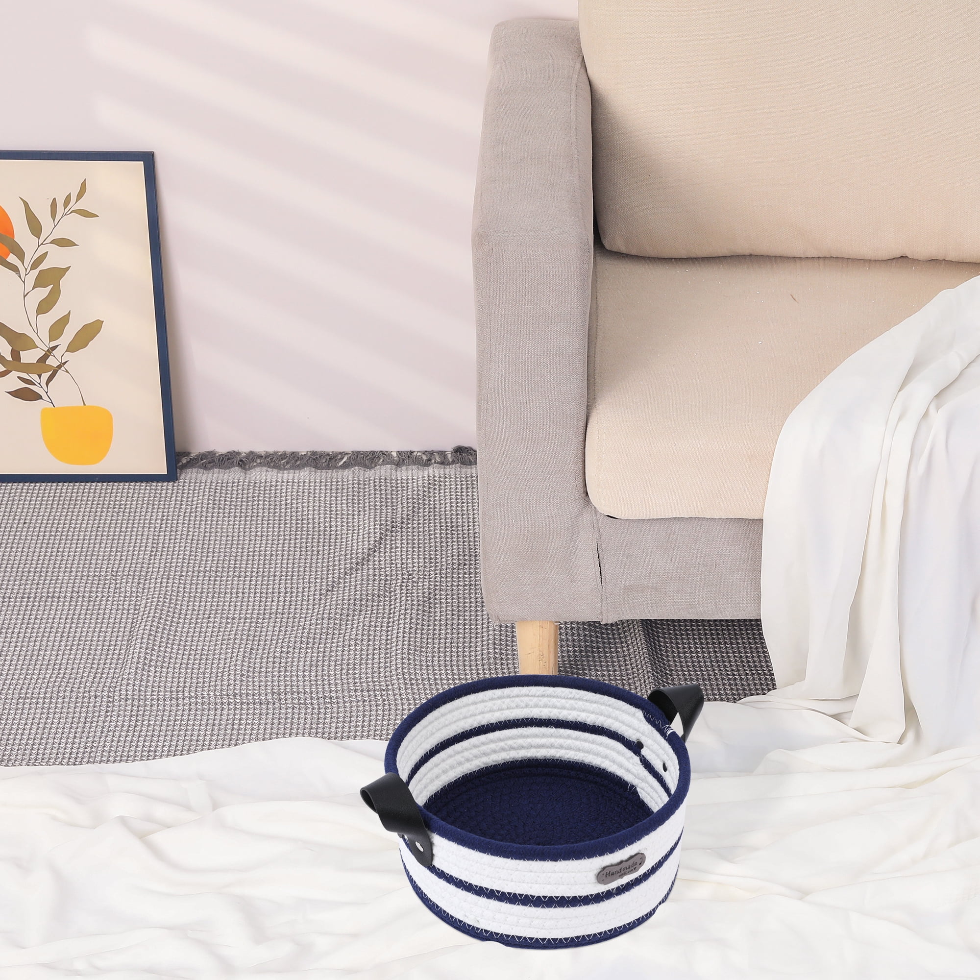 Unique Bargains Woven Storage Basket with Leather Handles Dark Blue 7.9*3.9in