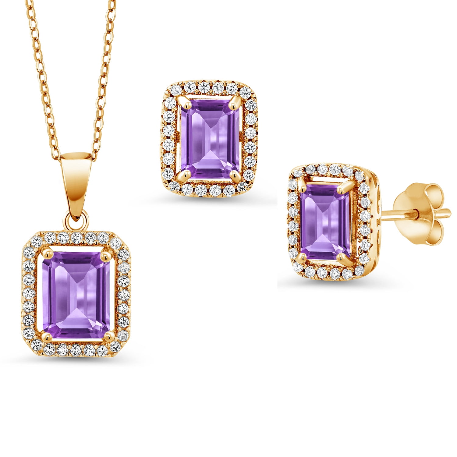 18K Yellow Gold Plated Silver Purple Amethyst Pendant and Earrings Jewelry Set for Women | 6.26 Cttw | Emerald Cut 9X7MM and 8X6MM | Gemstone February Birthstone | with 18 inch Silver Chain