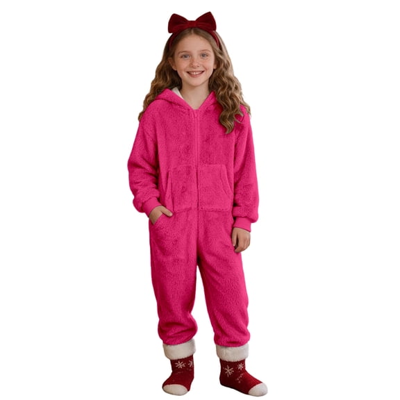 Jamsmile Girls Fuzzy Fleece Hooded Onesie Jumpsuit Winter Warm Soft Lined Fuzzy Jumpsuit Kids Zip-Front Jumpsuits