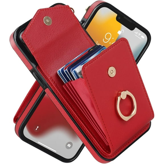 REQO Phone Case for iPhone 13 Pro, High-end Stylish Leather Accordion Card Holder,Wallet Phone Case, Anti-Drop Lanyard, Multi-Functional Ring Stand Case, Protective Leather Case