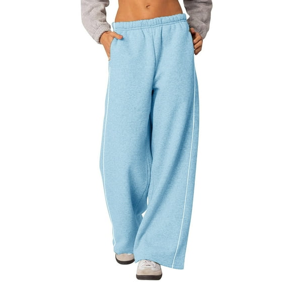 KeShDi Winter Cotton Pants For Women Women Winter Solid Color Casual Fashion Elastic Waist Wide Leg Pants Double Pocket Sports Pants Long Pants Blue S