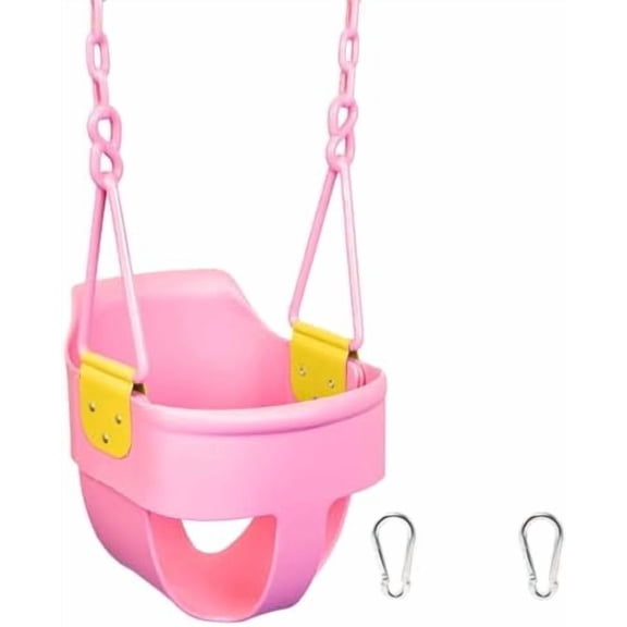 Squirrel Products High Back Full Bucket Toddler Swing Seat 3.0 with Finger Grip, Plastic Coated Chains and Carabiners for Easy Install - Pink