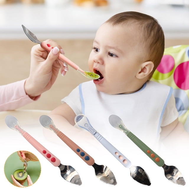mfyjkho Cuchara raspadora de frutas para bebés, utensilio de alimentación de acero inoxidable de doble cabezal, borde dentado para la preparación de alimentos, 1 cuchara