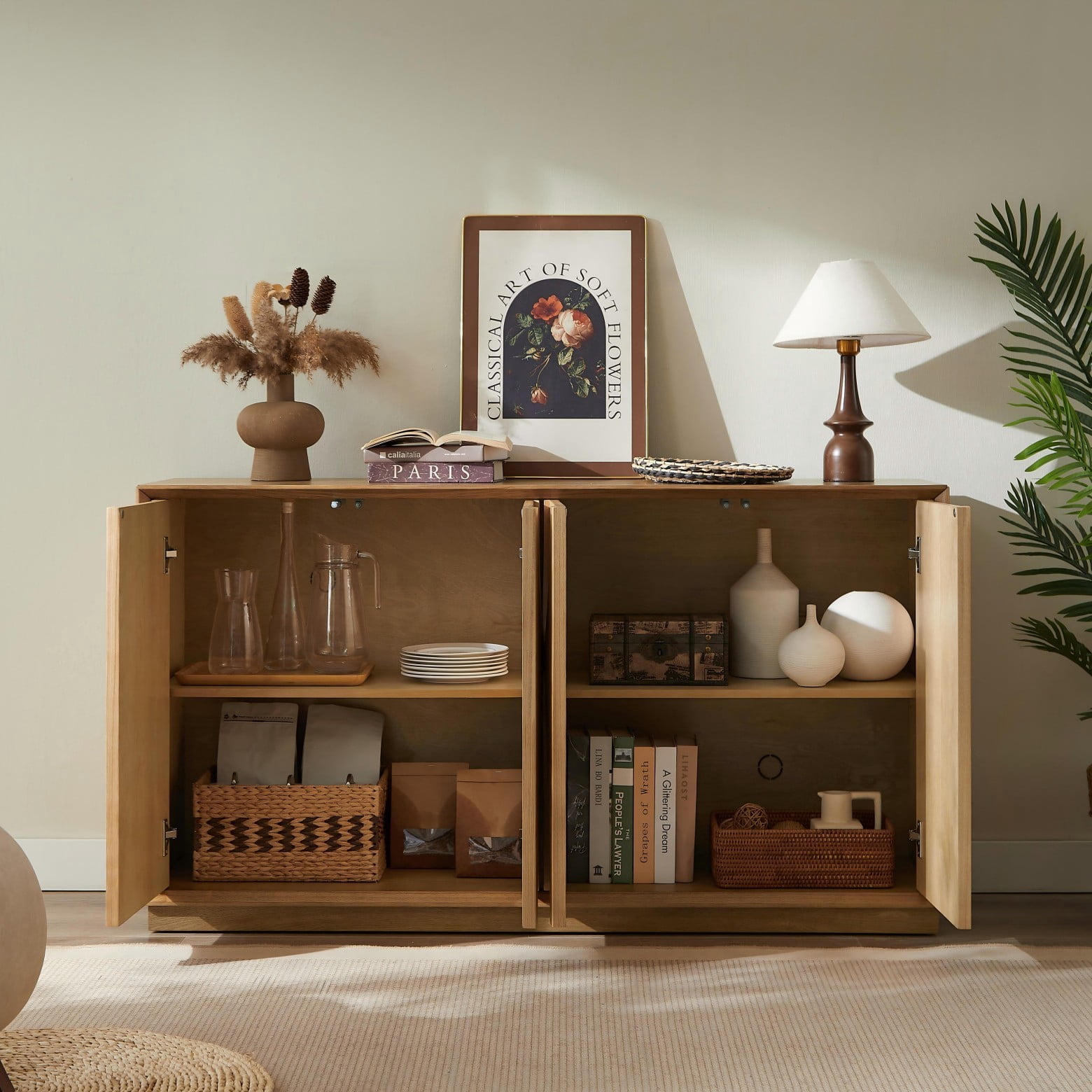 4 Door Accent Cabinet with Adjustable Shelves, Ash Veneer Sideboard Storage Cabinet, Push-to-Open Doors & Cable Management, Natural