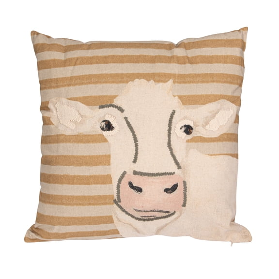 Creative Co-Op Cotton Blend Printed Pillow with Cow Image and Embroidery, Multi Color