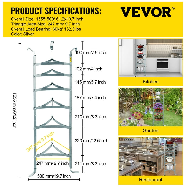 VEVOR 6-Tier Cookware Stand, Carbon Steel Multi-Layer Pot Rack, 61